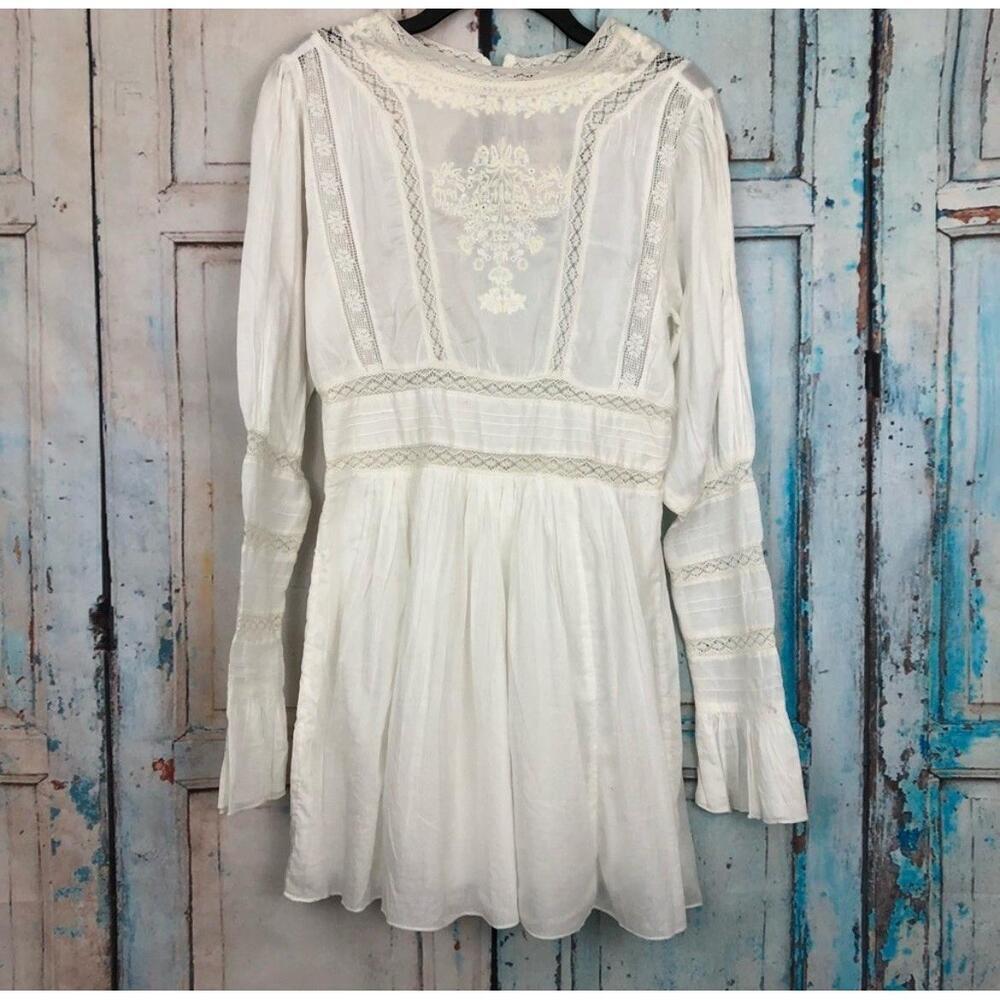 NWOT Free People Ivory Victorian Waisted CROCHET Mini Dress 2 Lace Cotton Womens - Picture 2 of 14